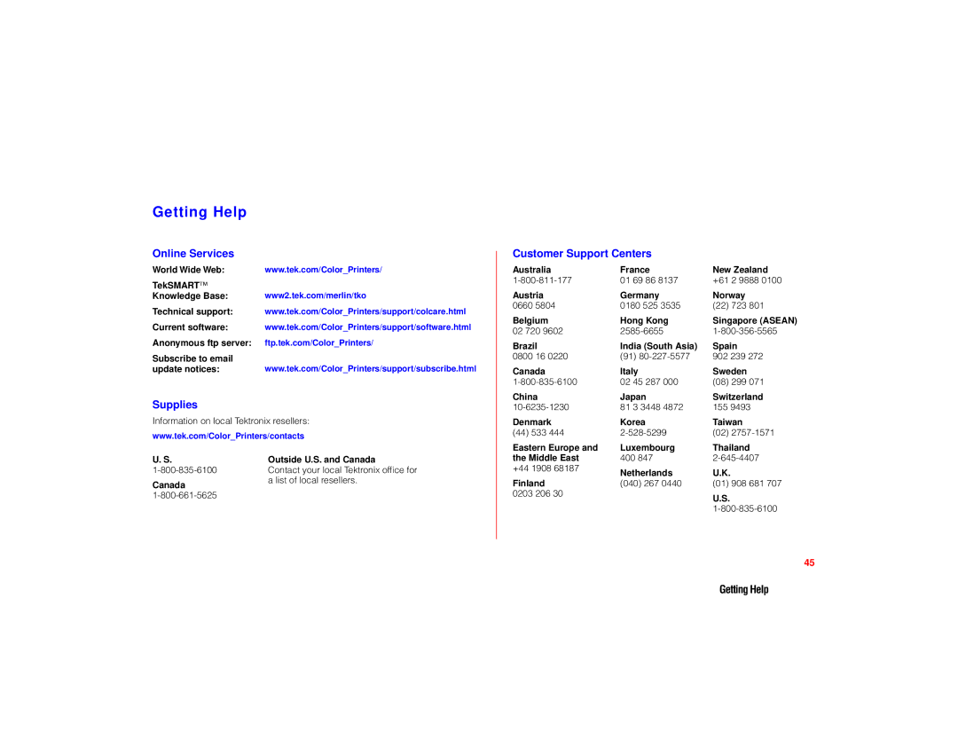 Tektronix PHASER 780 manual Getting Help, Online Services, Supplies, Customer Support Centers 