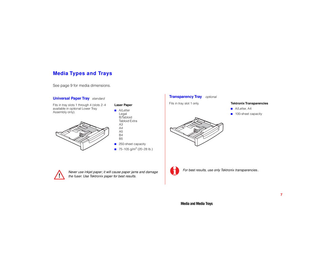 Tektronix PHASER 780 manual Media Types and Trays, Universal Paper Tray standard 