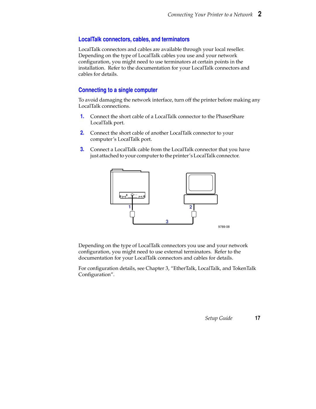 Tektronix Phaser 840 setup guide LocalTalk connectors, cables, and terminators, Connecting to a single computer 