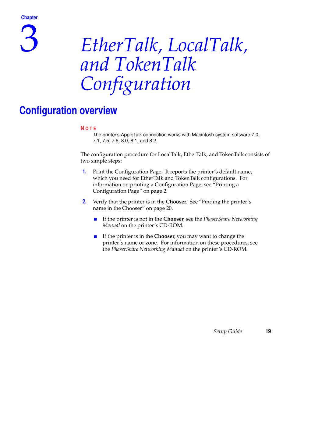 Tektronix Phaser 840 setup guide EtherTalk, LocalTalk TokenTalk Configuration, Conﬁguration overview 