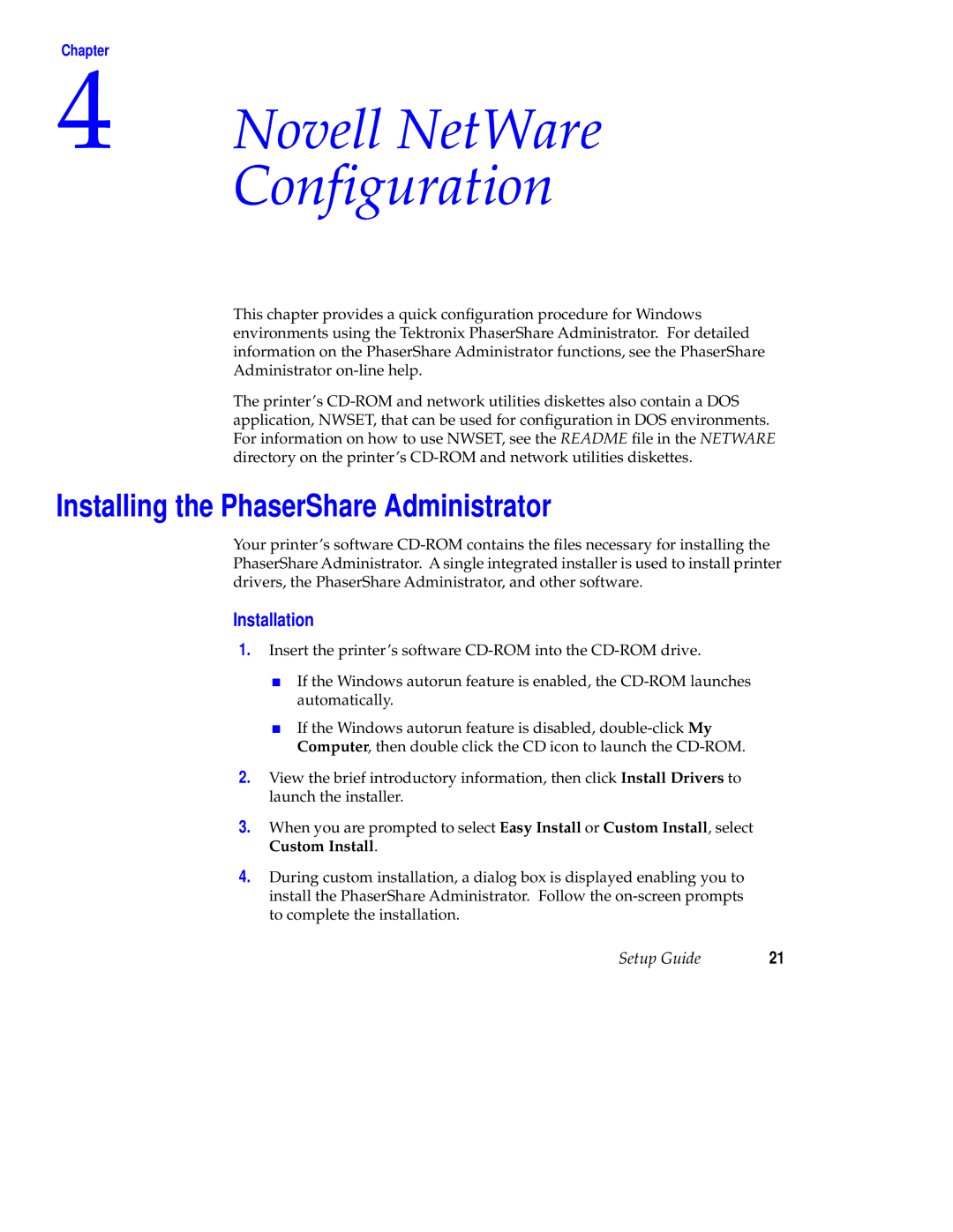 Tektronix Phaser 840 setup guide Novell NetWare Configuration, Installing the PhaserShare Administrator, Installation 