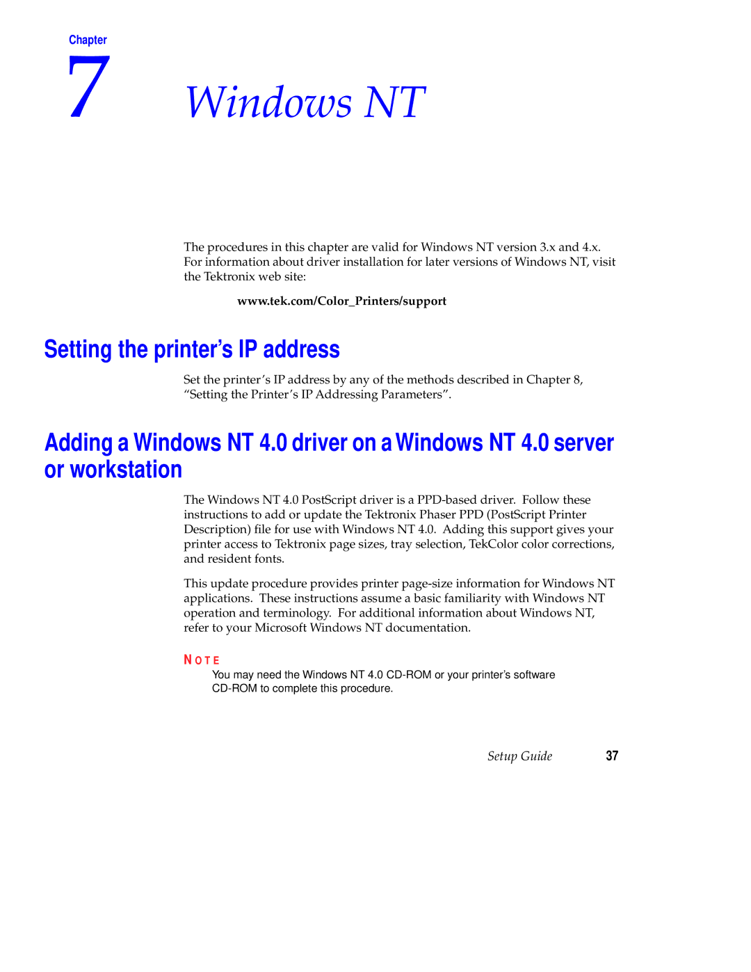 Tektronix Phaser 840 setup guide Windows NT, Setting the printer’s IP address 