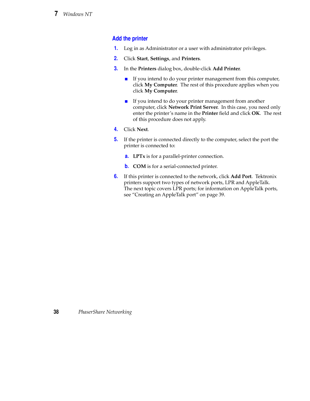 Tektronix Phaser 840 setup guide Add the printer, Click Start, Settings, and Printers 