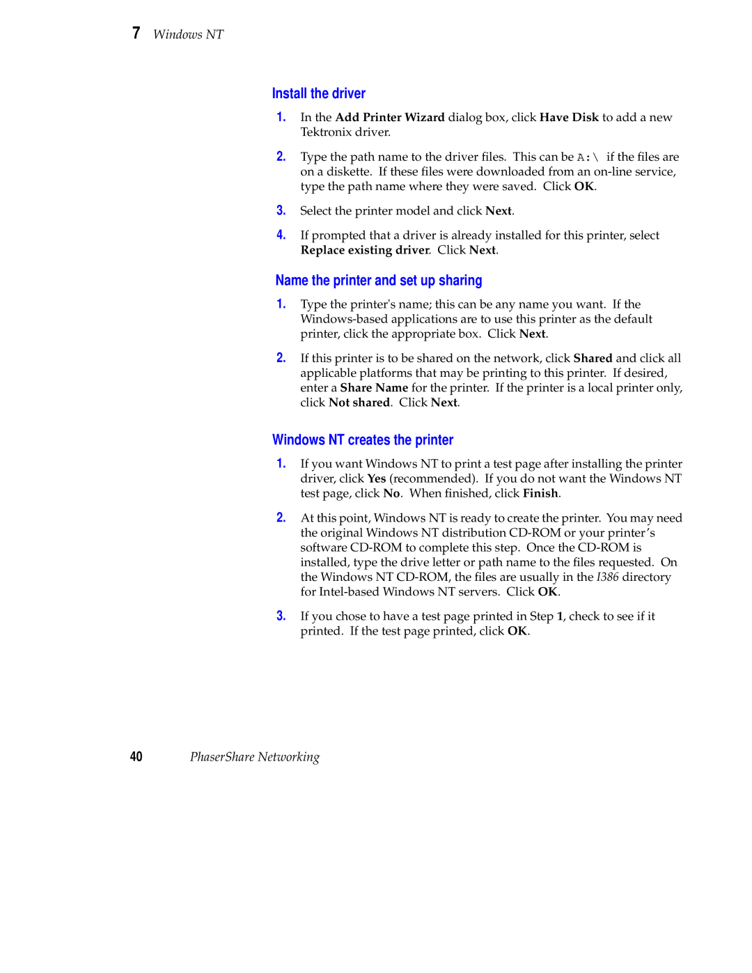 Tektronix Phaser 840 setup guide Install the driver, Name the printer and set up sharing, Windows NT creates the printer 