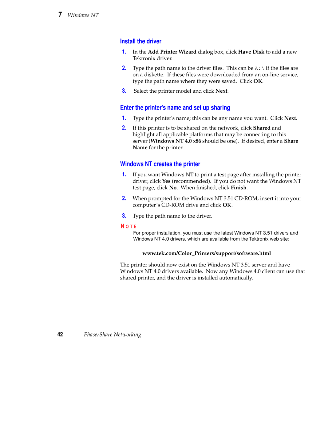 Tektronix Phaser 840 setup guide Enter the printer’s name and set up sharing 