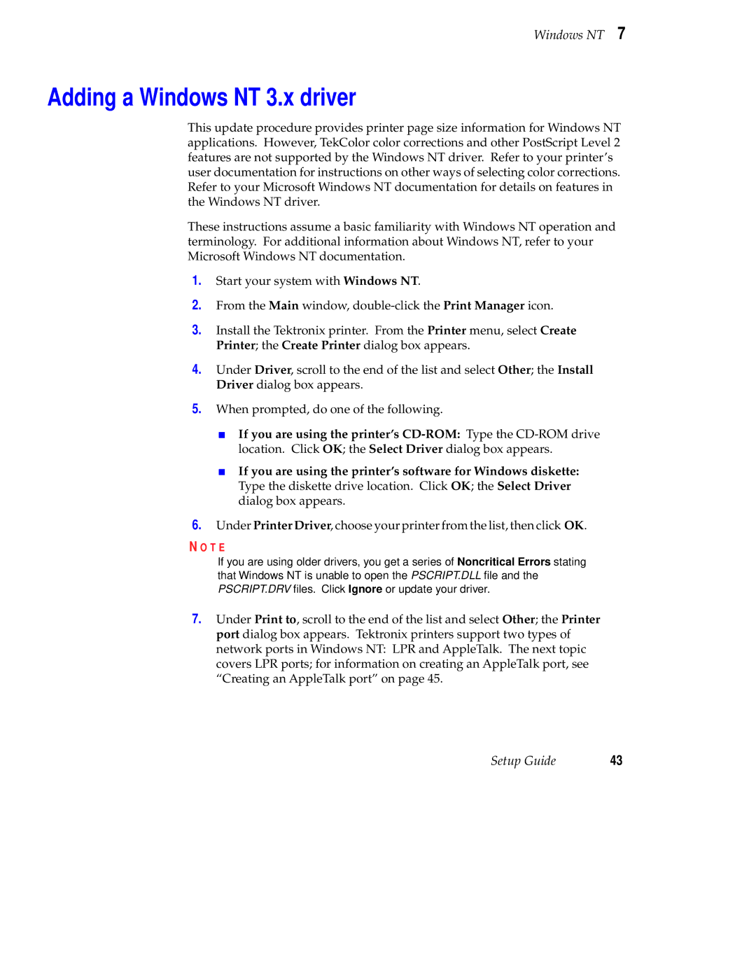 Tektronix Phaser 840 setup guide Adding a Windows NT 3.x driver 