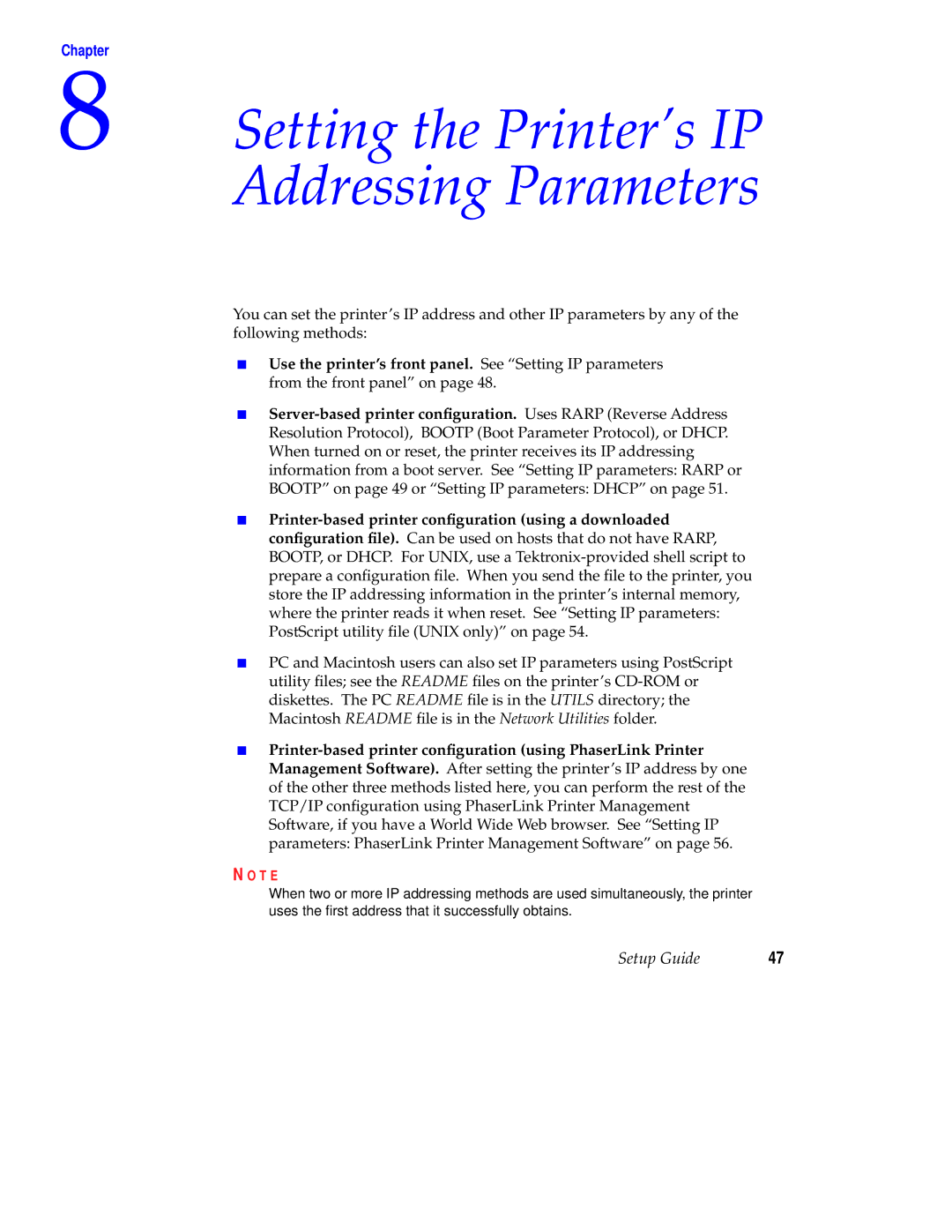 Tektronix Phaser 840 setup guide Setting the Printer’s IP Addressing Parameters 