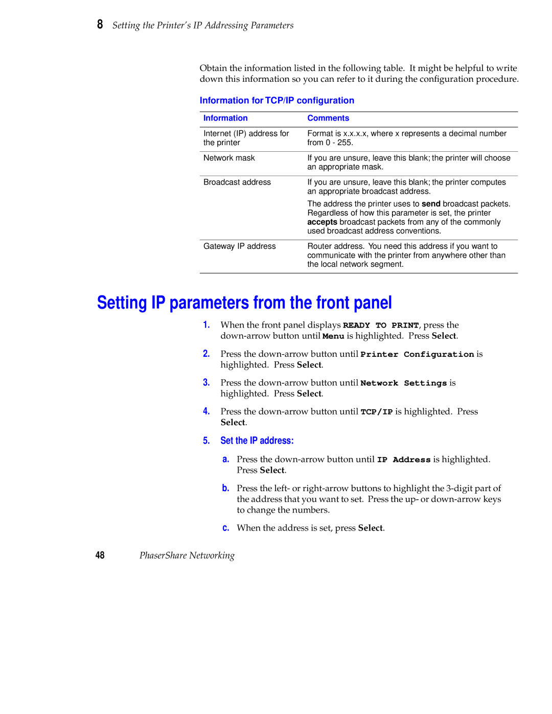 Tektronix Phaser 840 setup guide Setting IP parameters from the front panel, Setting the Printer’s IP Addressing Parameters 