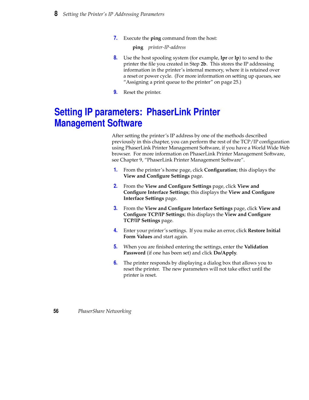 Tektronix Phaser 840 setup guide Setting IP parameters PhaserLink Printer Management Software 