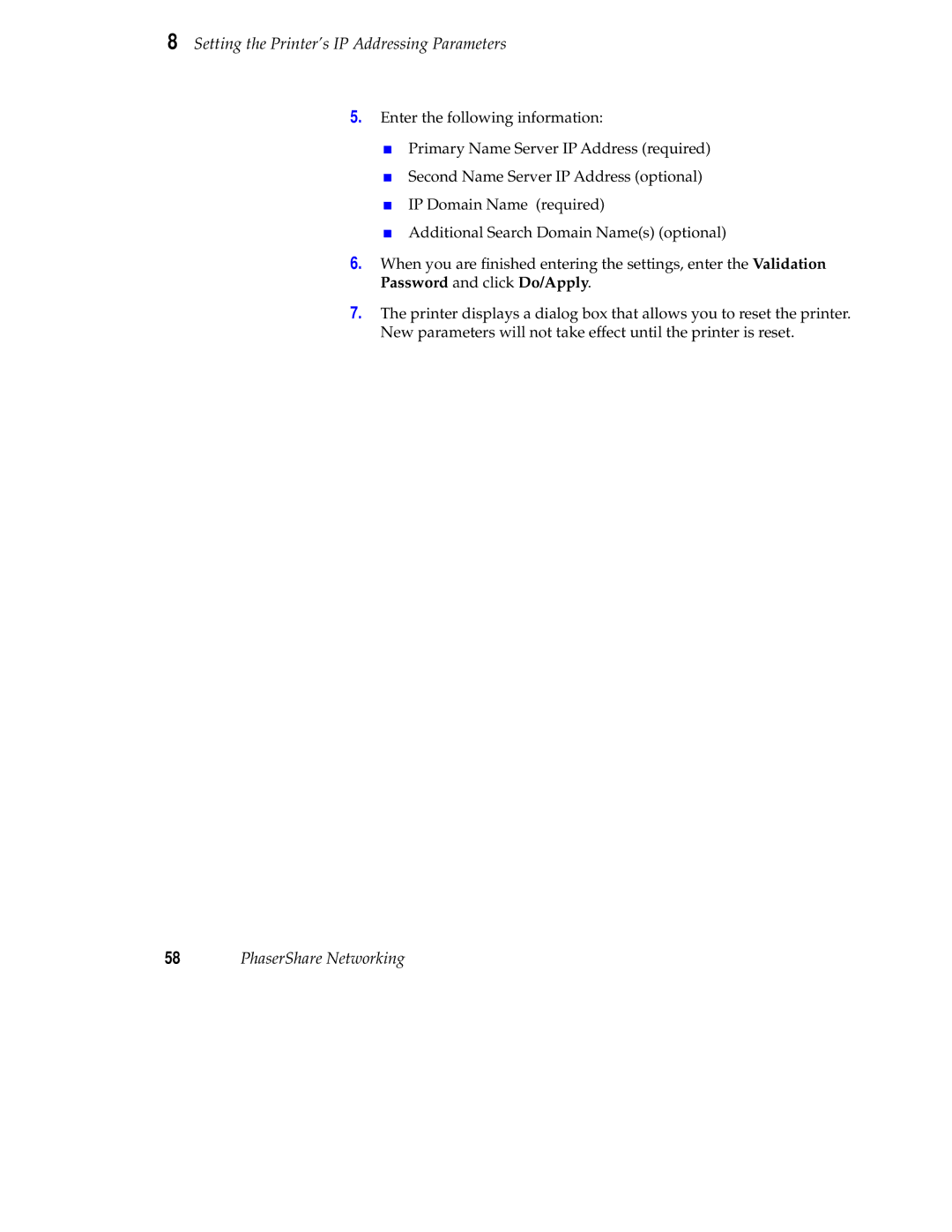 Tektronix Phaser 840 setup guide Setting the Printer’s IP Addressing Parameters 