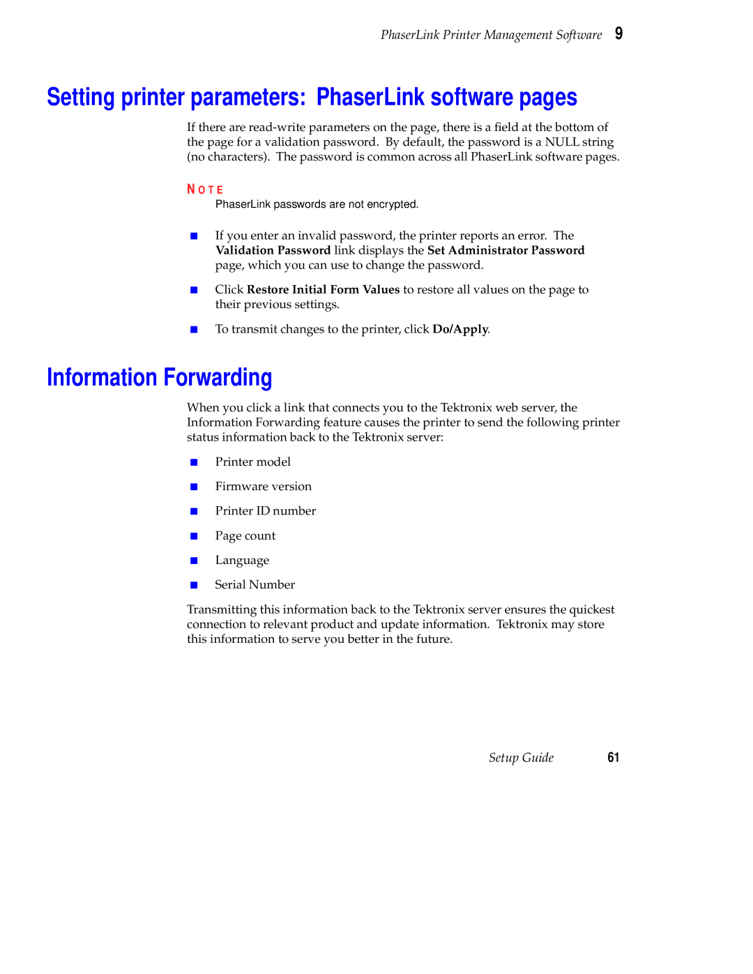 Tektronix Phaser 840 setup guide Setting printer parameters PhaserLink software pages, Information Forwarding 