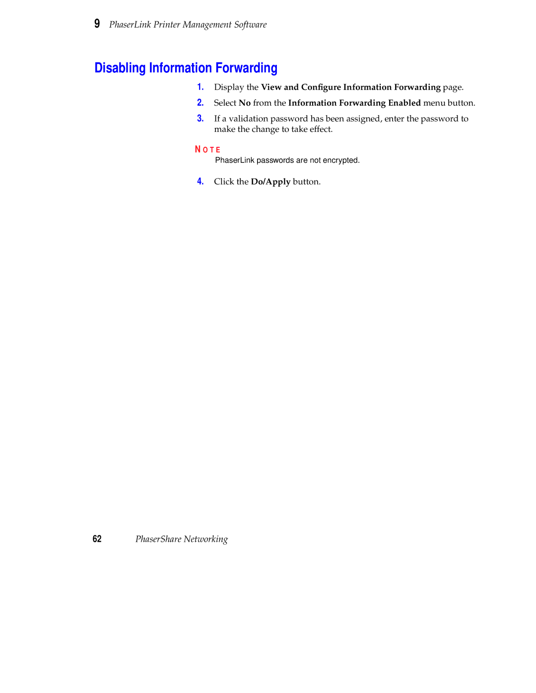 Tektronix Phaser 840 setup guide Disabling Information Forwarding 