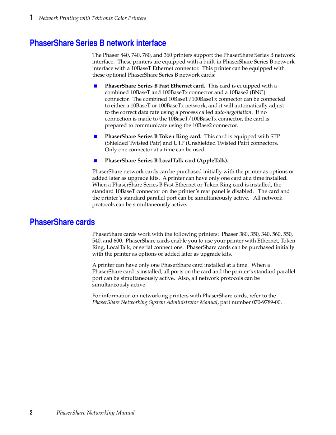 Tektronix Phasershare Printer manual PhaserShare Series B network interface, PhaserShare cards 