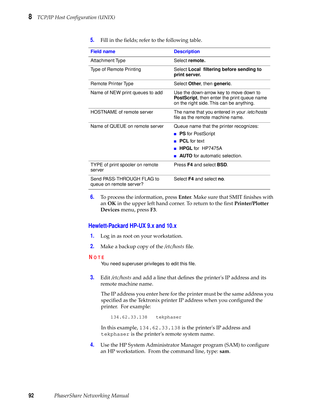 Tektronix Phasershare Printer manual Hewlett-Packard HP-UX 9.x, Print server 