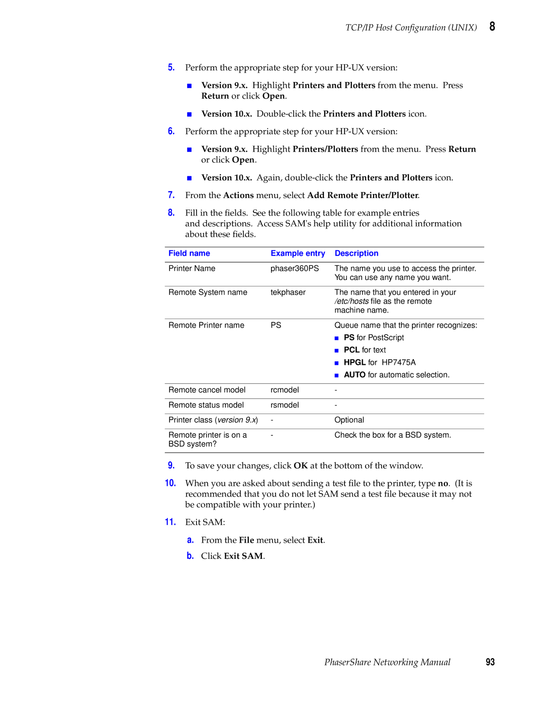 Tektronix Phasershare Printer manual Field name Example entry Description 