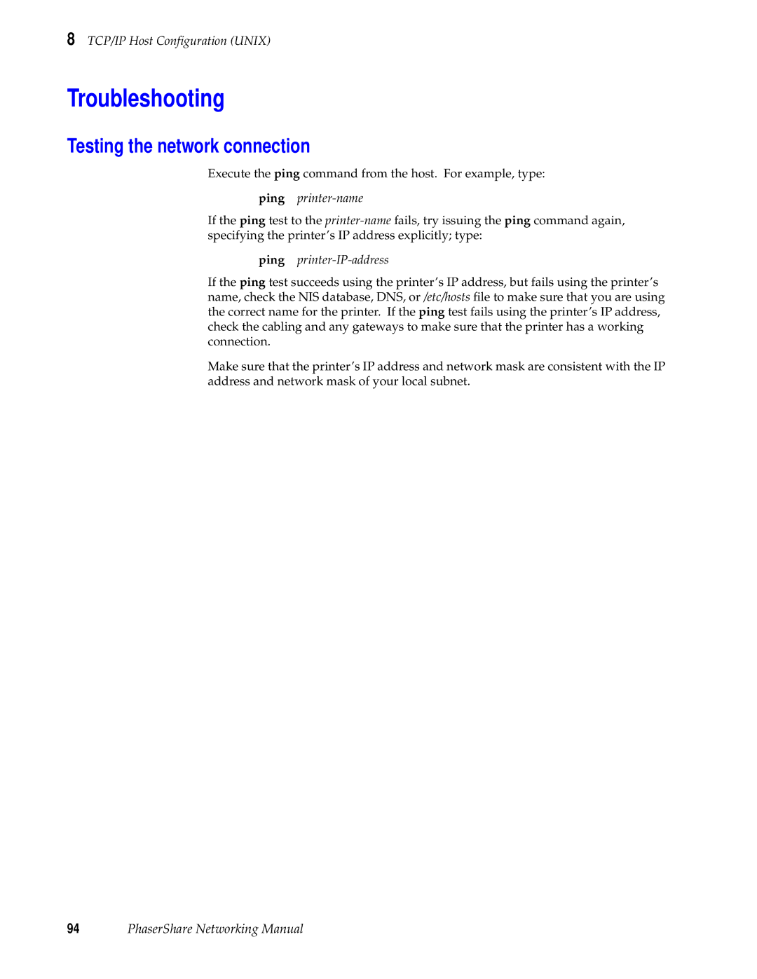 Tektronix Phasershare Printer manual Testing the network connection, Ping printer-name 