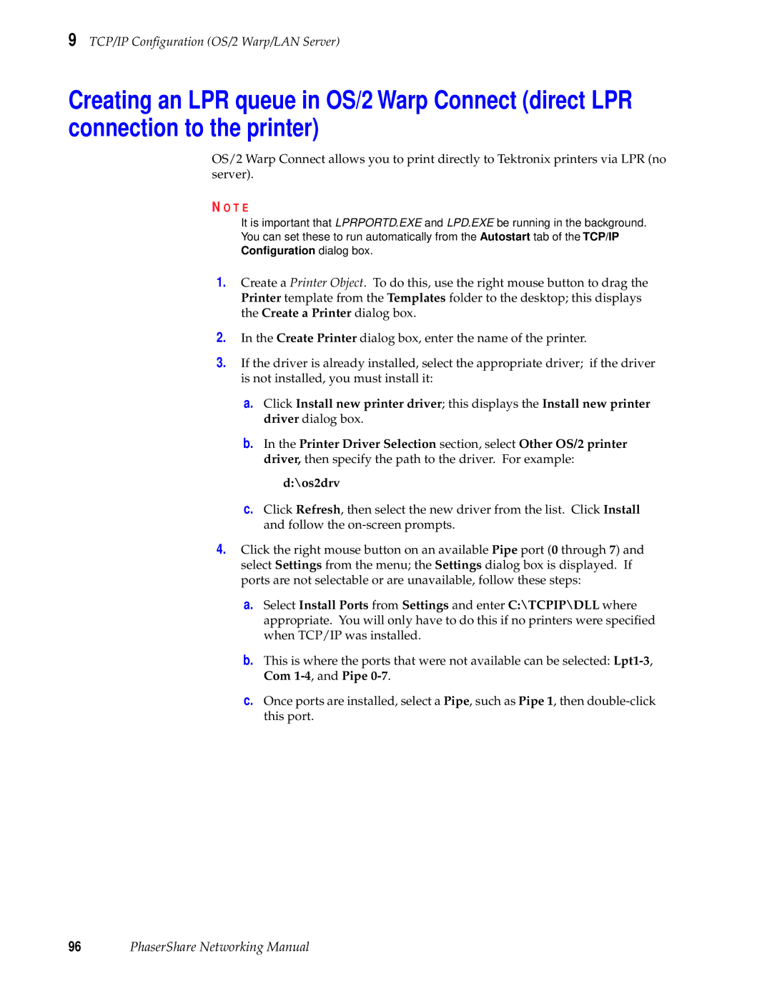 Tektronix Phasershare Printer manual TCP/IP Configuration OS/2 Warp/LAN Server 