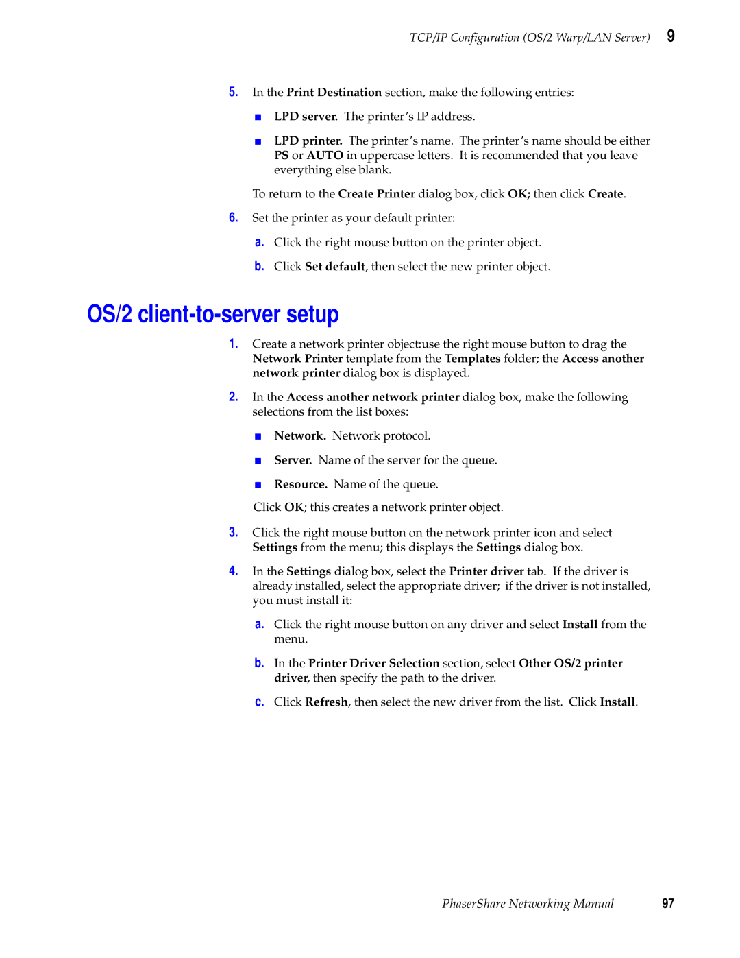 Tektronix Phasershare Printer manual OS/2 client-to-server setup 