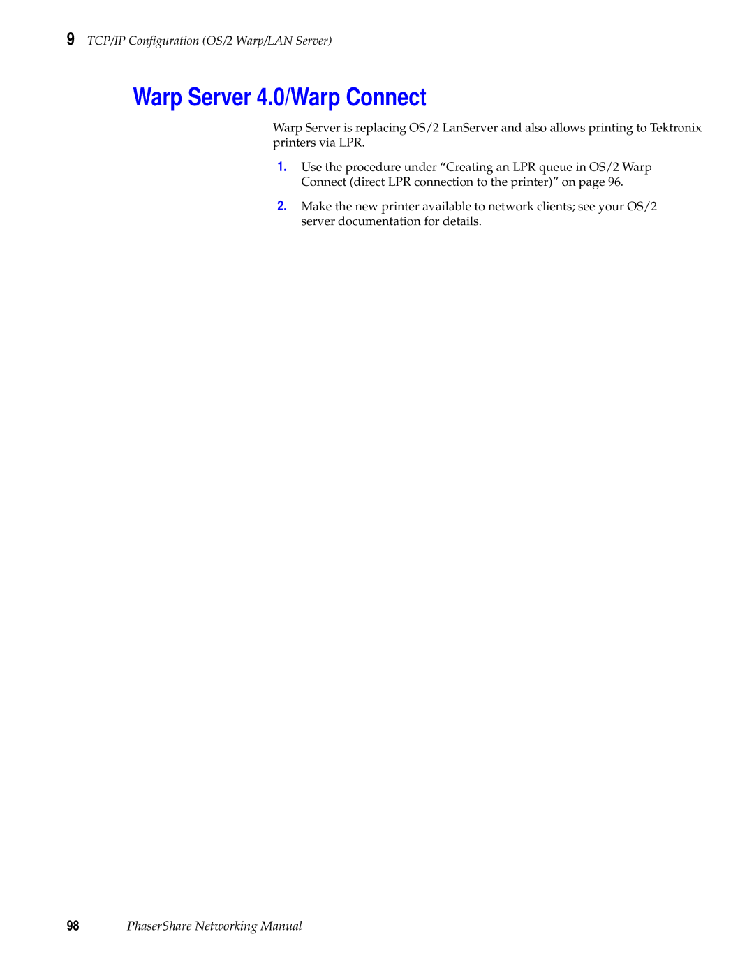 Tektronix Phasershare Printer manual Warp Server 4.0/Warp Connect 