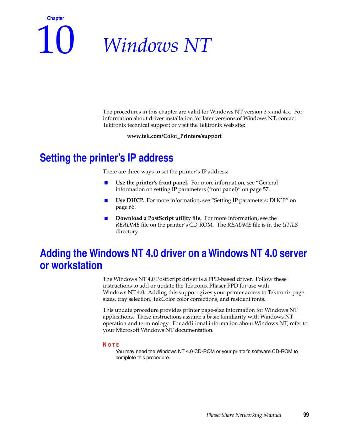 Tektronix Phasershare Printer manual Windows NT, Setting the printer’s IP address 