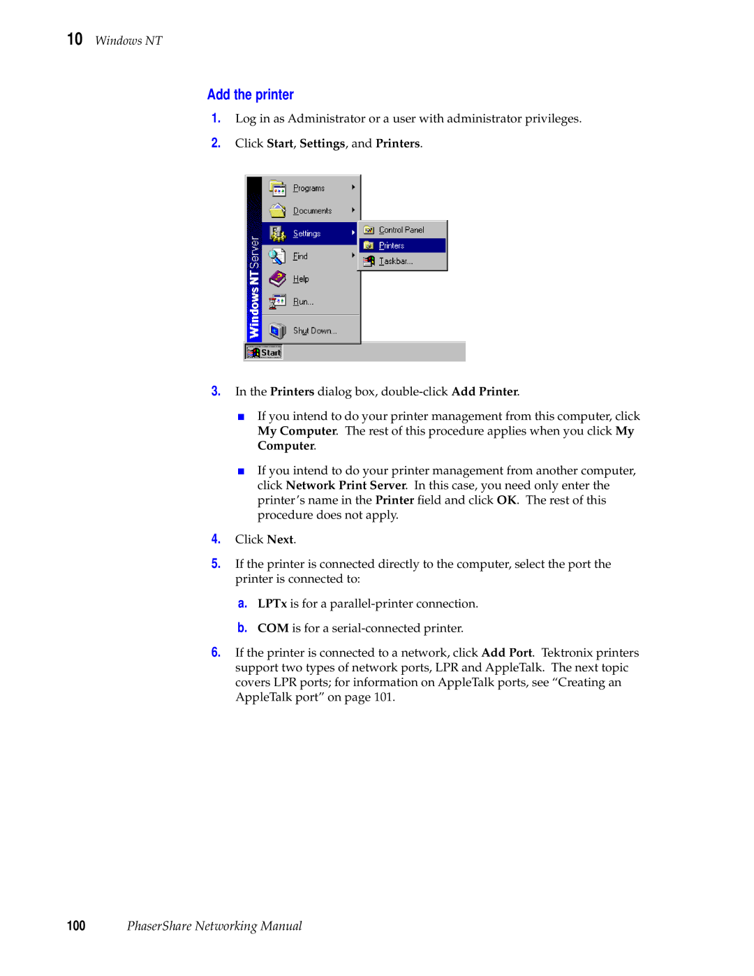 Tektronix Phasershare Printer manual Add the printer, Click Start, Settings, and Printers 