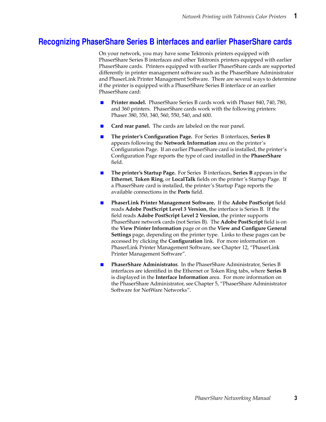 Tektronix Phasershare Printer manual PhaserShare Networking Manual 