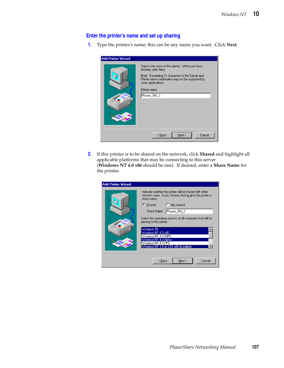 Tektronix Phasershare Printer manual Enter the printer’s name and set up sharing, 107 