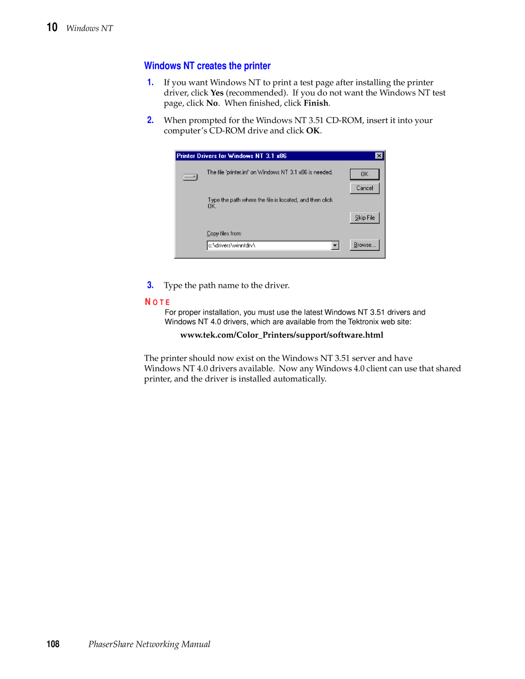 Tektronix Phasershare Printer manual Windows NT creates the printer 