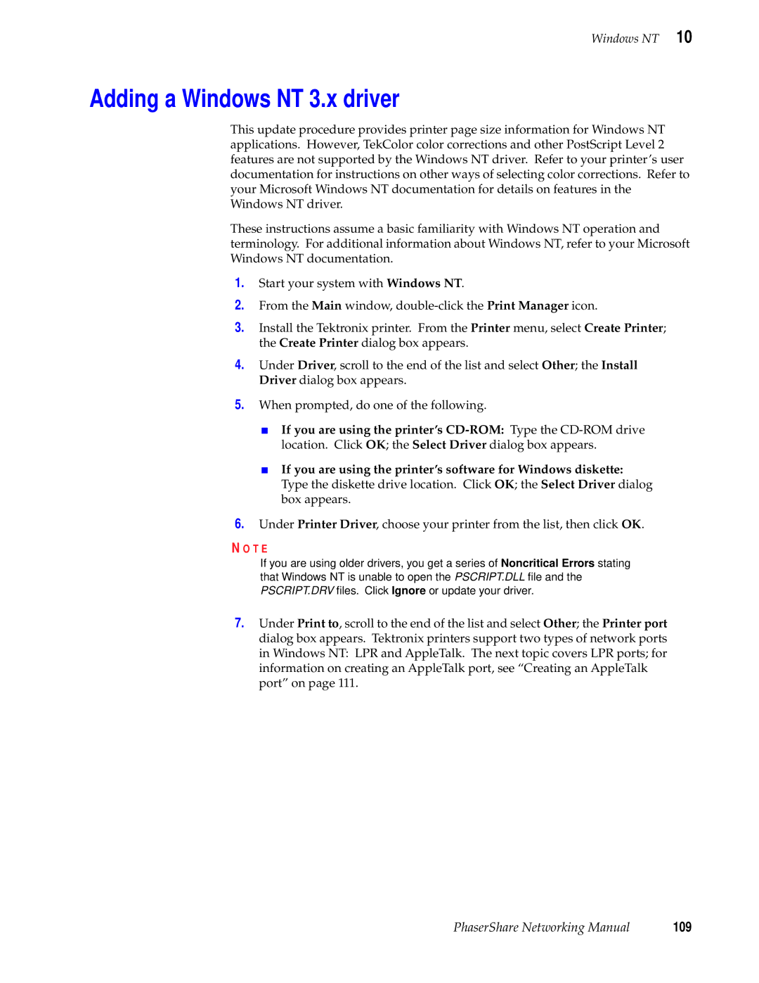 Tektronix Phasershare Printer manual Adding a Windows NT 3.x driver, 109 