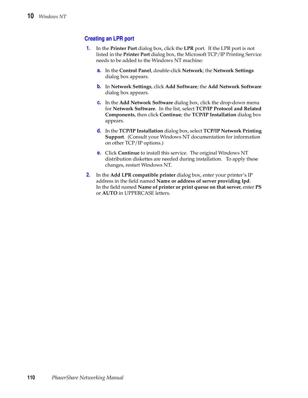 Tektronix Phasershare Printer manual Creating an LPR port 