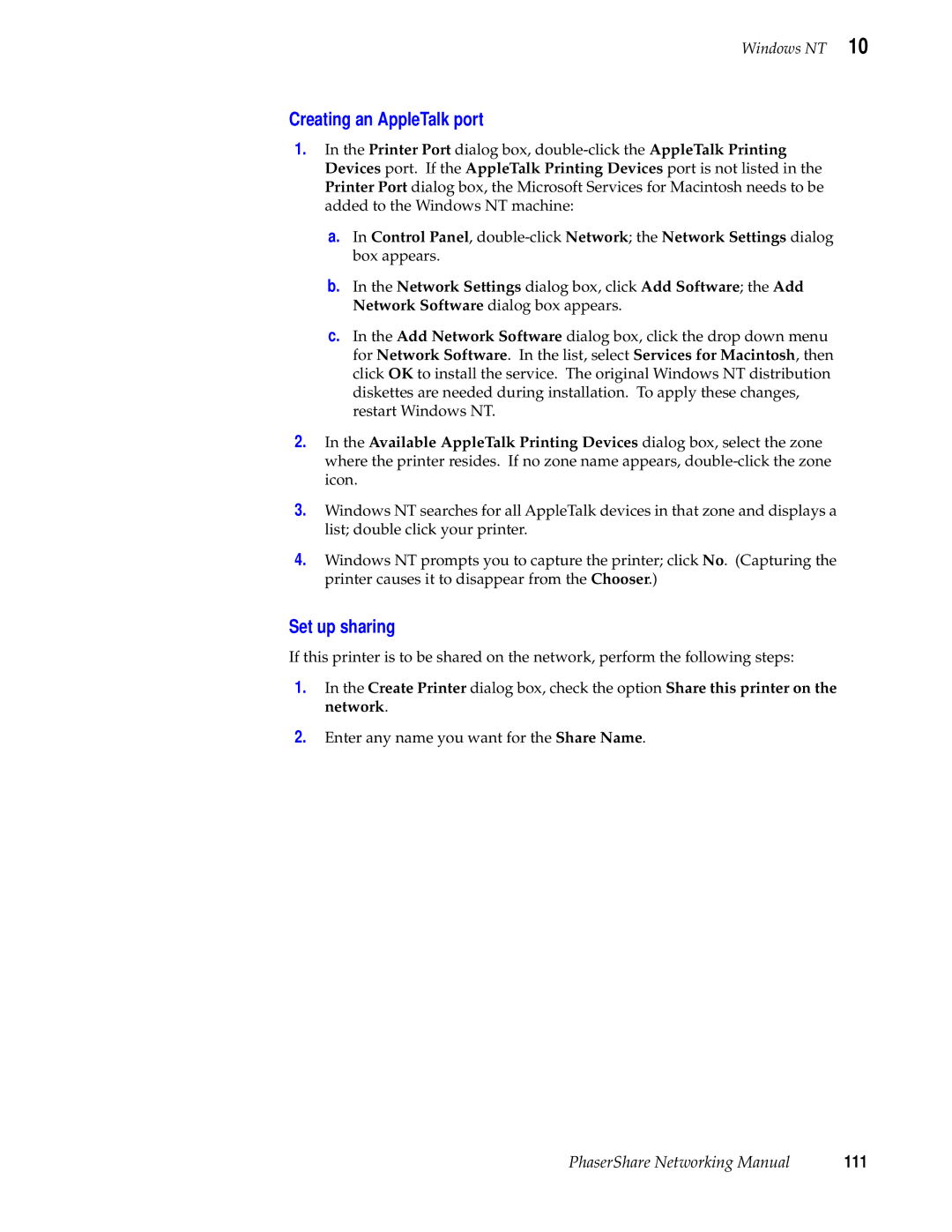 Tektronix Phasershare Printer manual Set up sharing, 111 