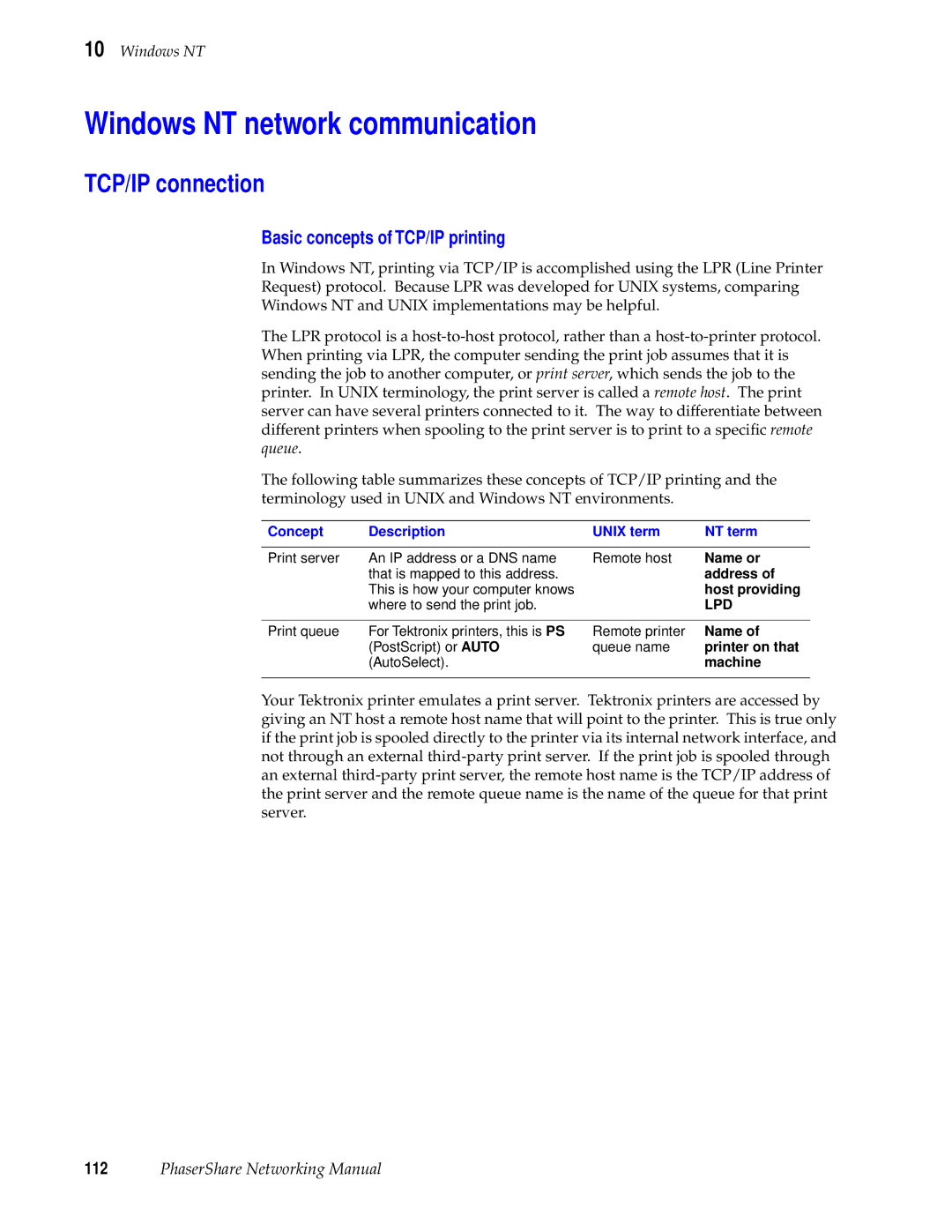 Tektronix Phasershare Printer manual Windows NT network communication, TCP/IP connection, Basic concepts of TCP/IP printing 