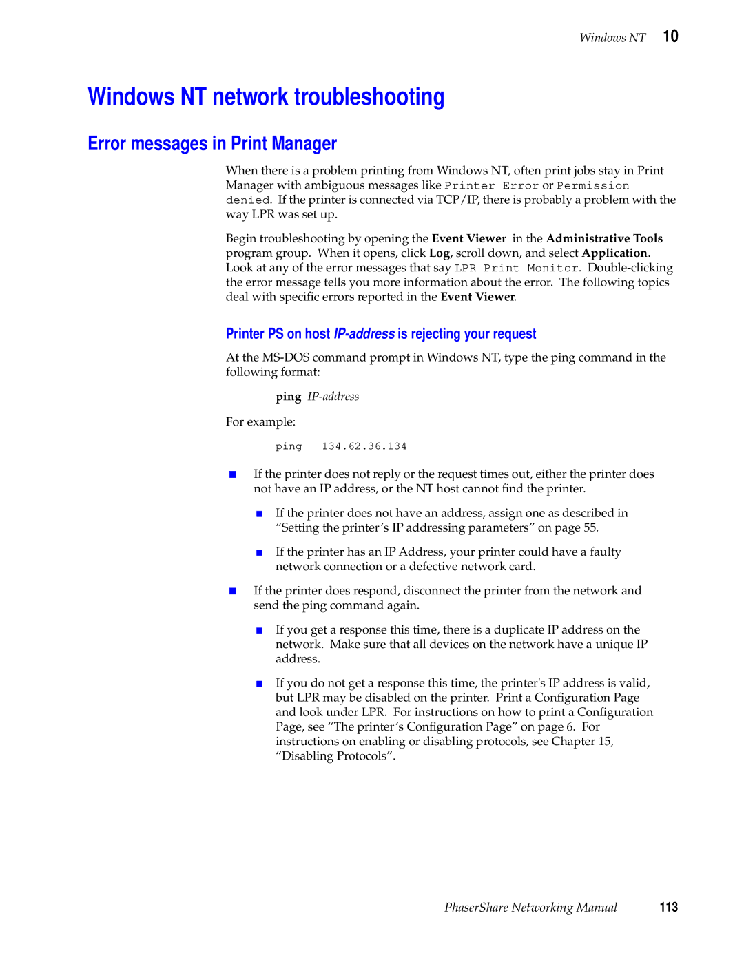 Tektronix Phasershare Printer manual Windows NT network troubleshooting, Error messages in Print Manager, 113 