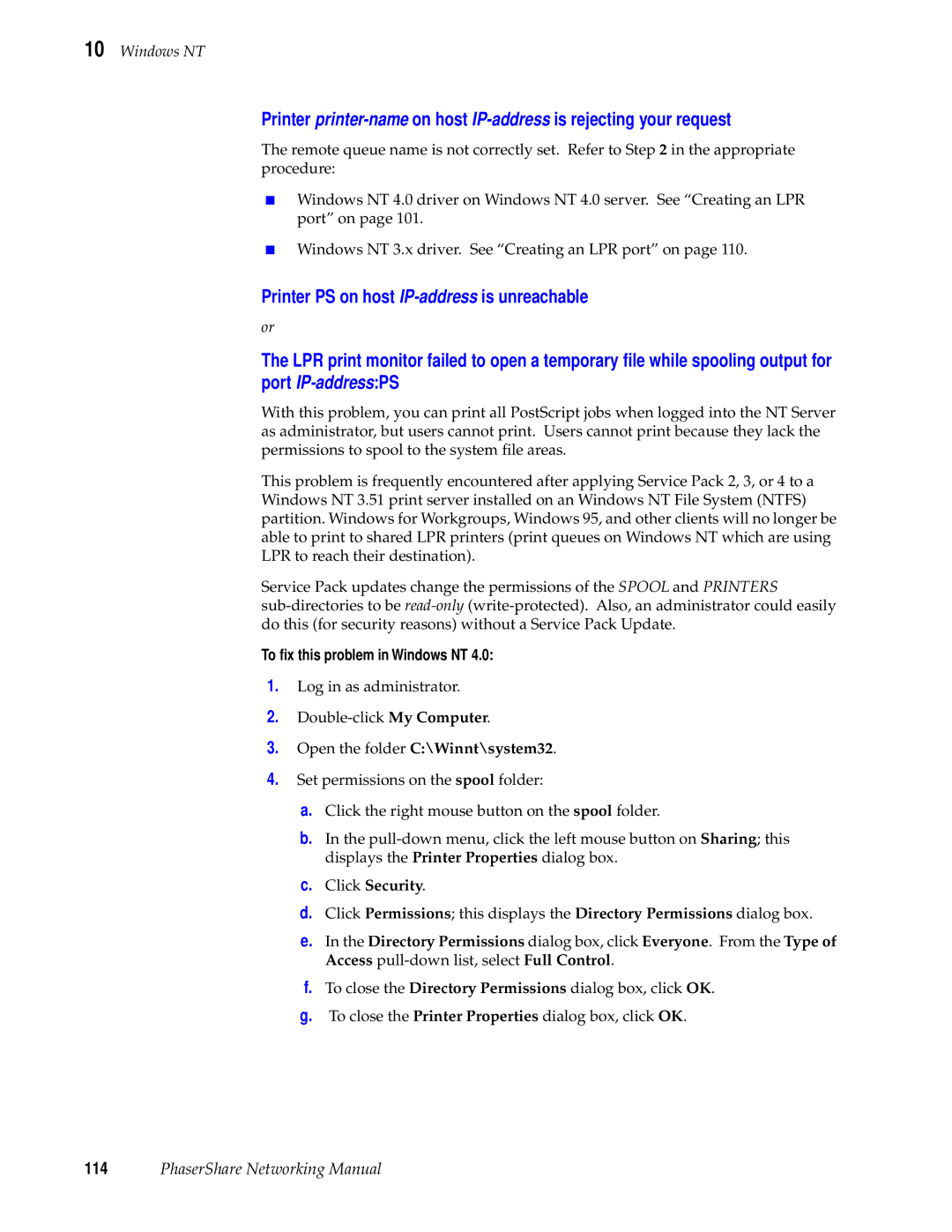 Tektronix Phasershare Printer manual To ﬁx this problem in Windows NT 