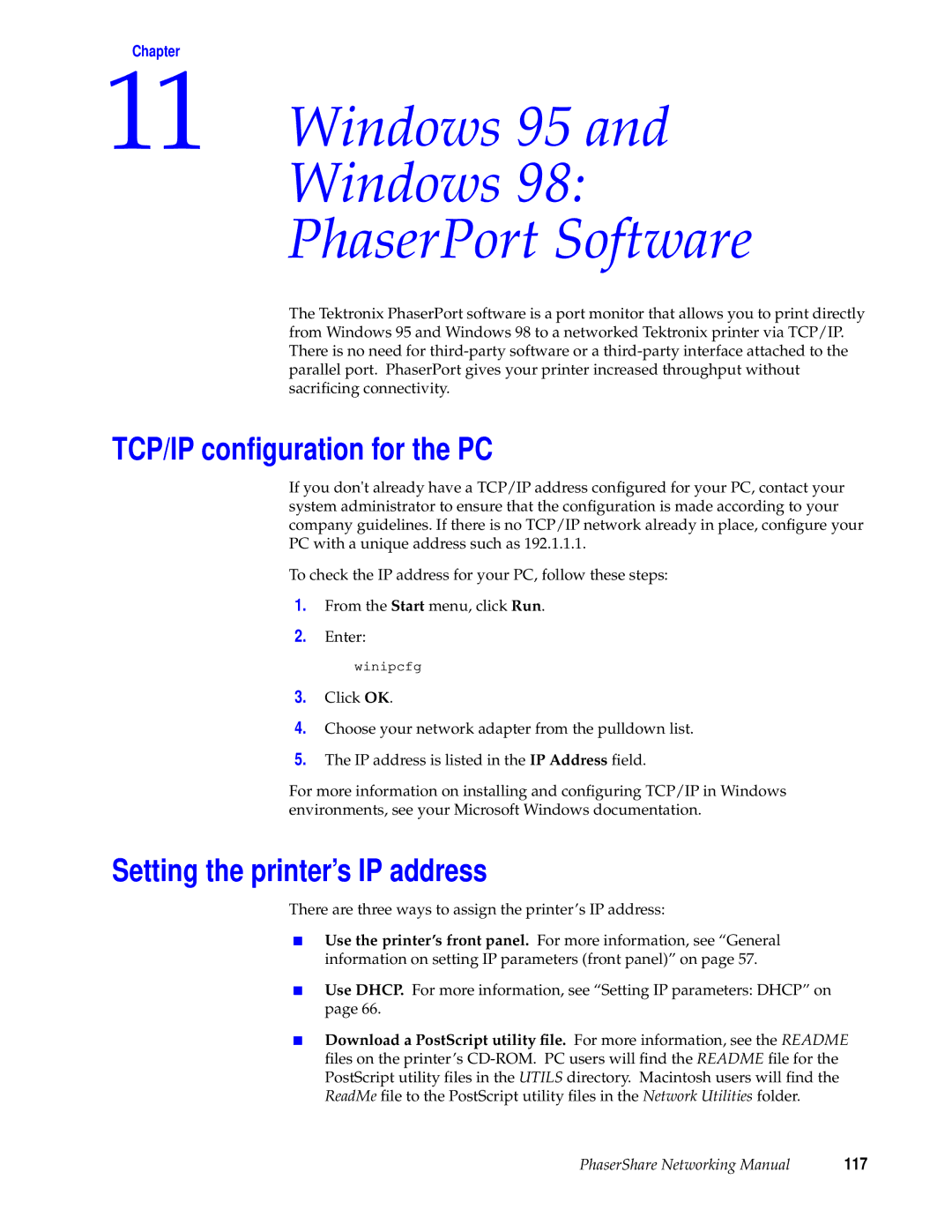 Tektronix Phasershare Printer manual Windows 95 PhaserPort Software, TCP/IP conﬁguration for the PC, 117 