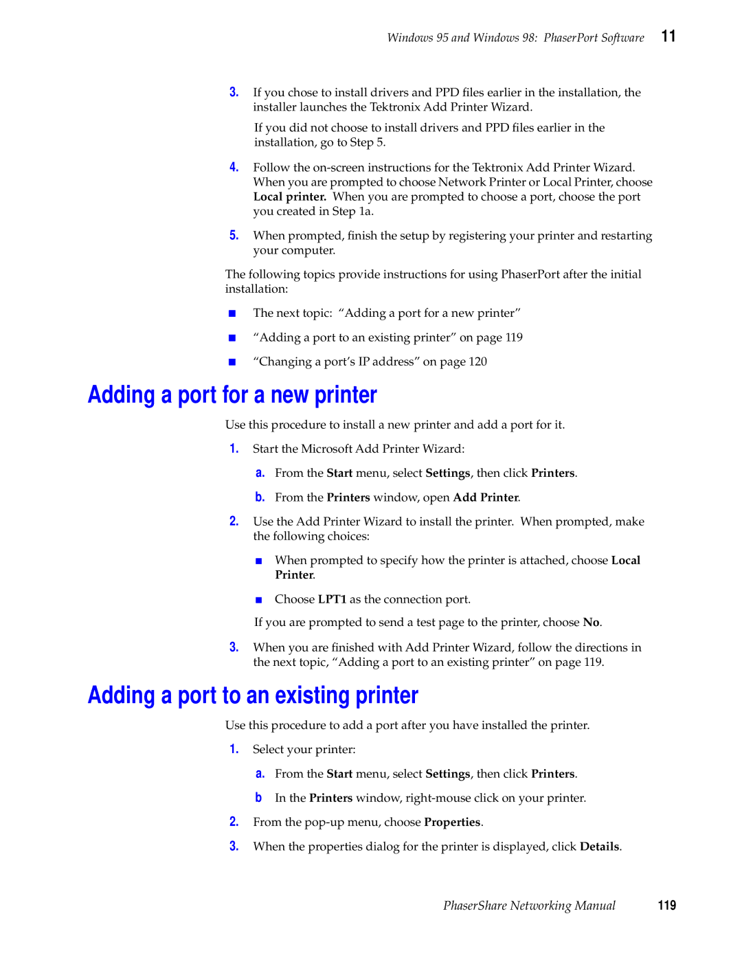 Tektronix Phasershare Printer manual Adding a port for a new printer, Adding a port to an existing printer, 119 