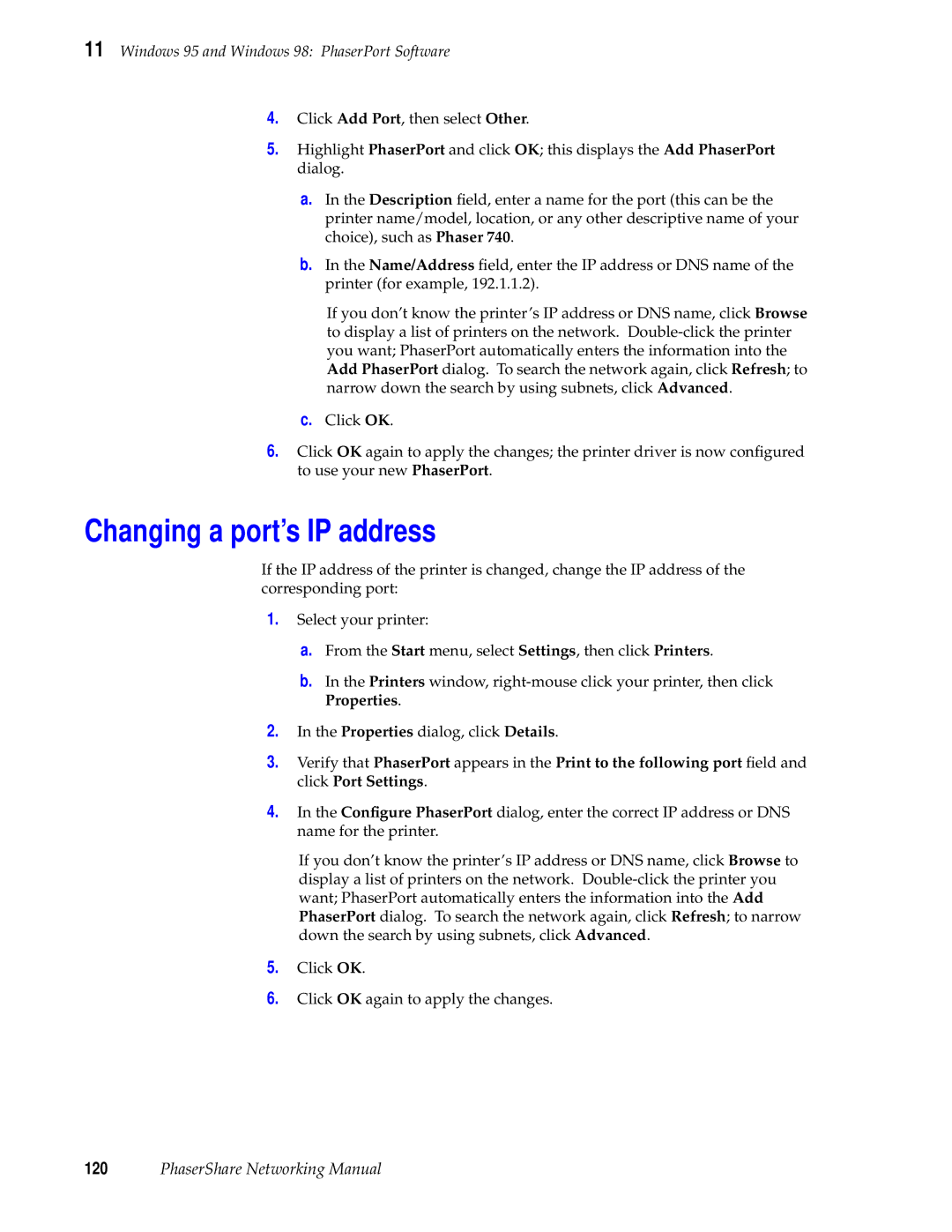 Tektronix Phasershare Printer manual Changing a port’s IP address 