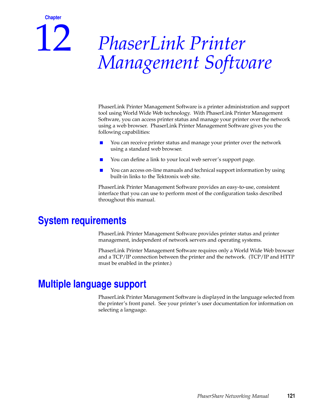 Tektronix Phasershare Printer PhaserLink Printer Management Software, System requirements, Multiple language support, 121 