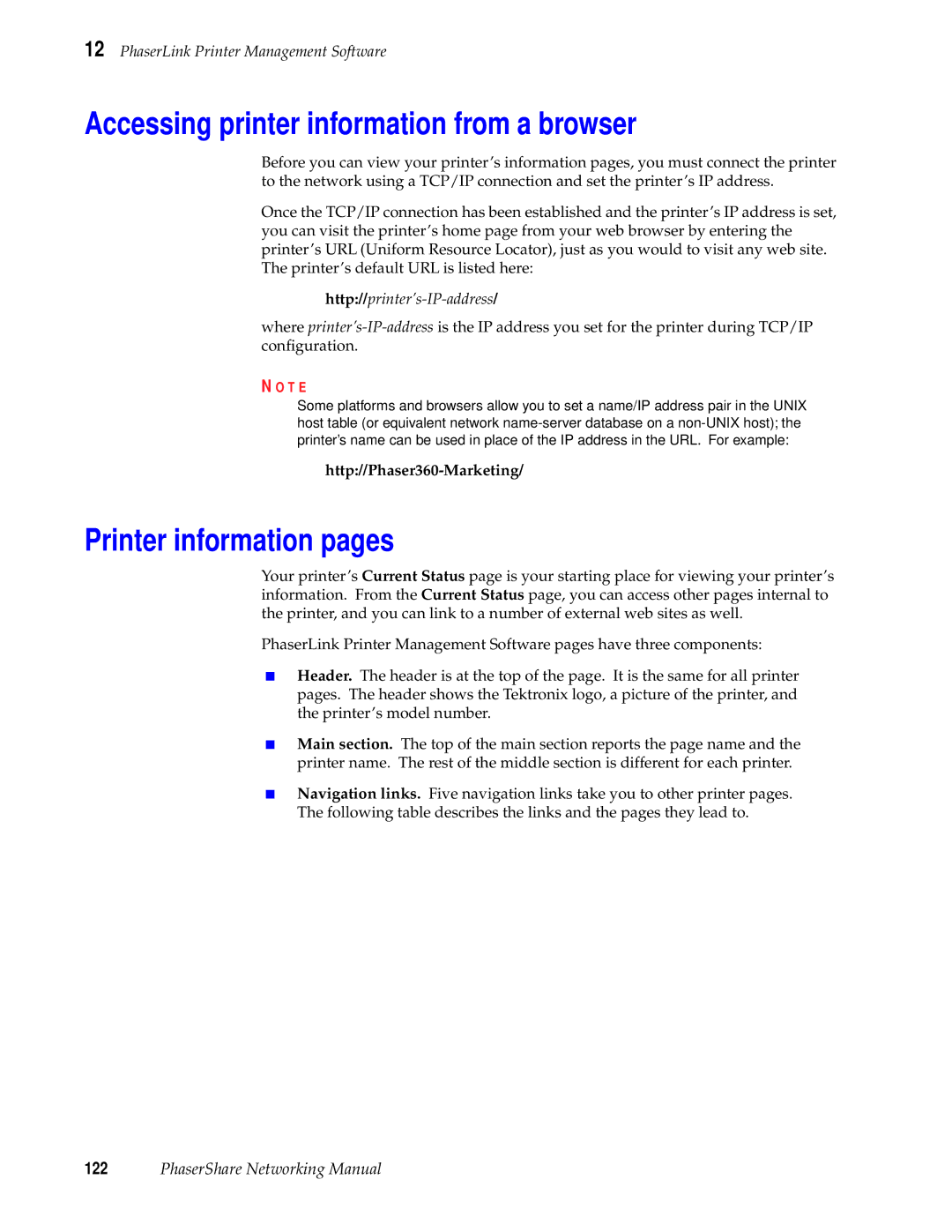 Tektronix Phasershare Printer manual Accessing printer information from a browser, Printer information pages 