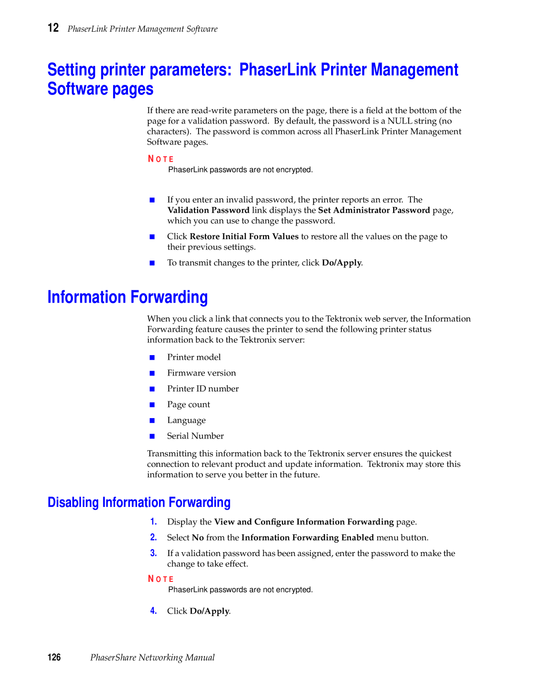 Tektronix Phasershare Printer manual Disabling Information Forwarding 