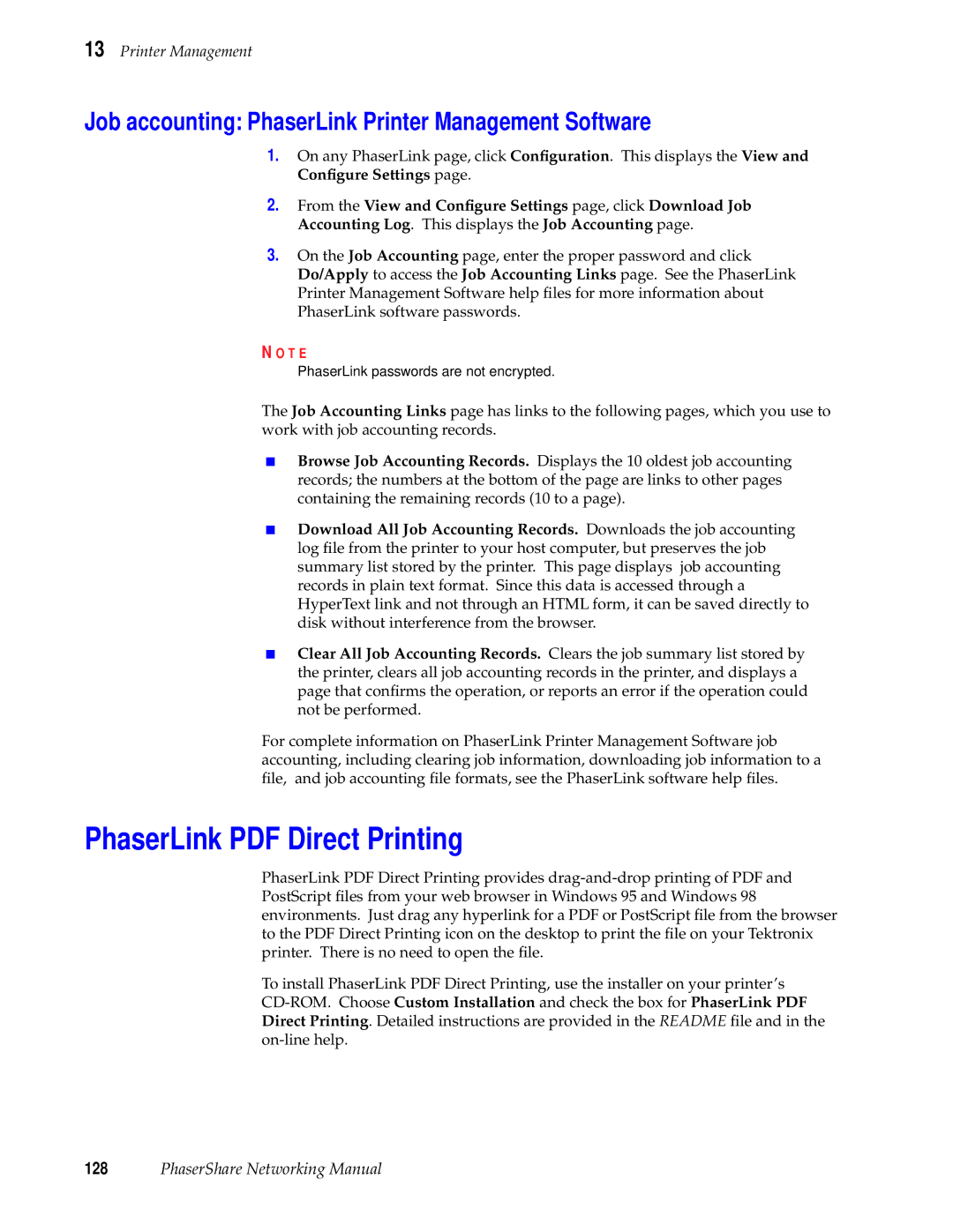 Tektronix Phasershare Printer manual Job accounting PhaserLink Printer Management Software 