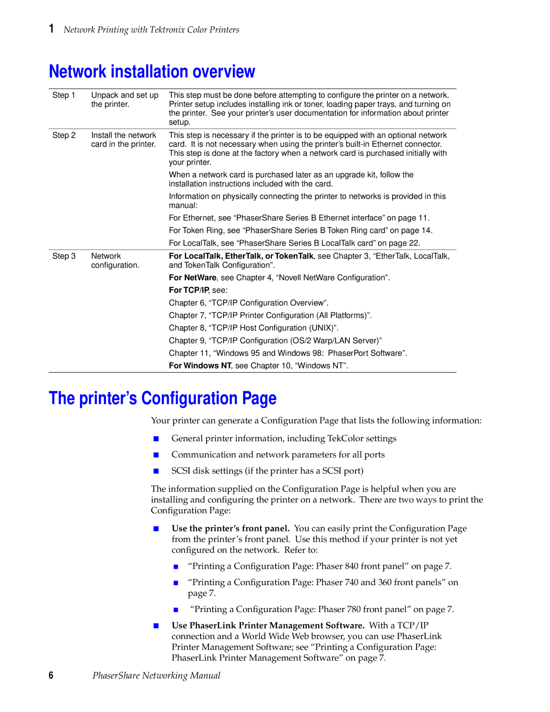 Tektronix Phasershare Printer manual Network installation overview, Printer’s Conﬁguration 