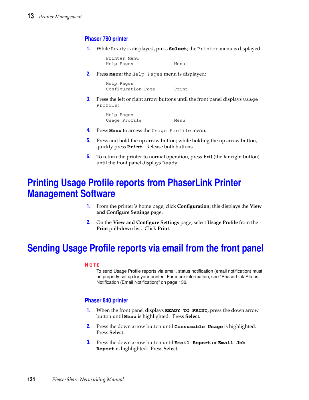 Tektronix Phasershare Printer manual Sending Usage Proﬁle reports via email from the front panel 