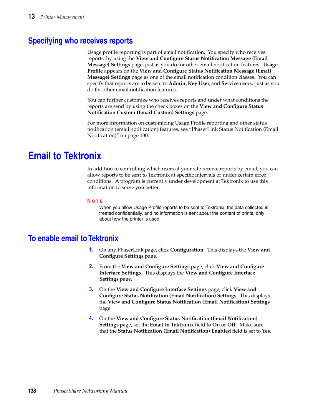 Tektronix Phasershare Printer manual Email to Tektronix, Specifying who receives reports, To enable email to Tektronix 