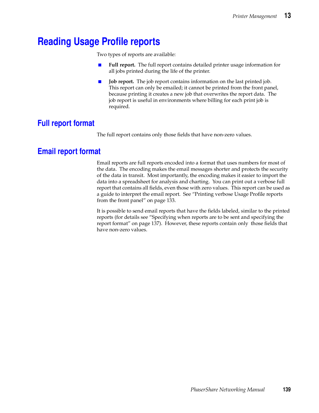 Tektronix Phasershare Printer manual Reading Usage Proﬁle reports, Full report format, Email report format, 139 