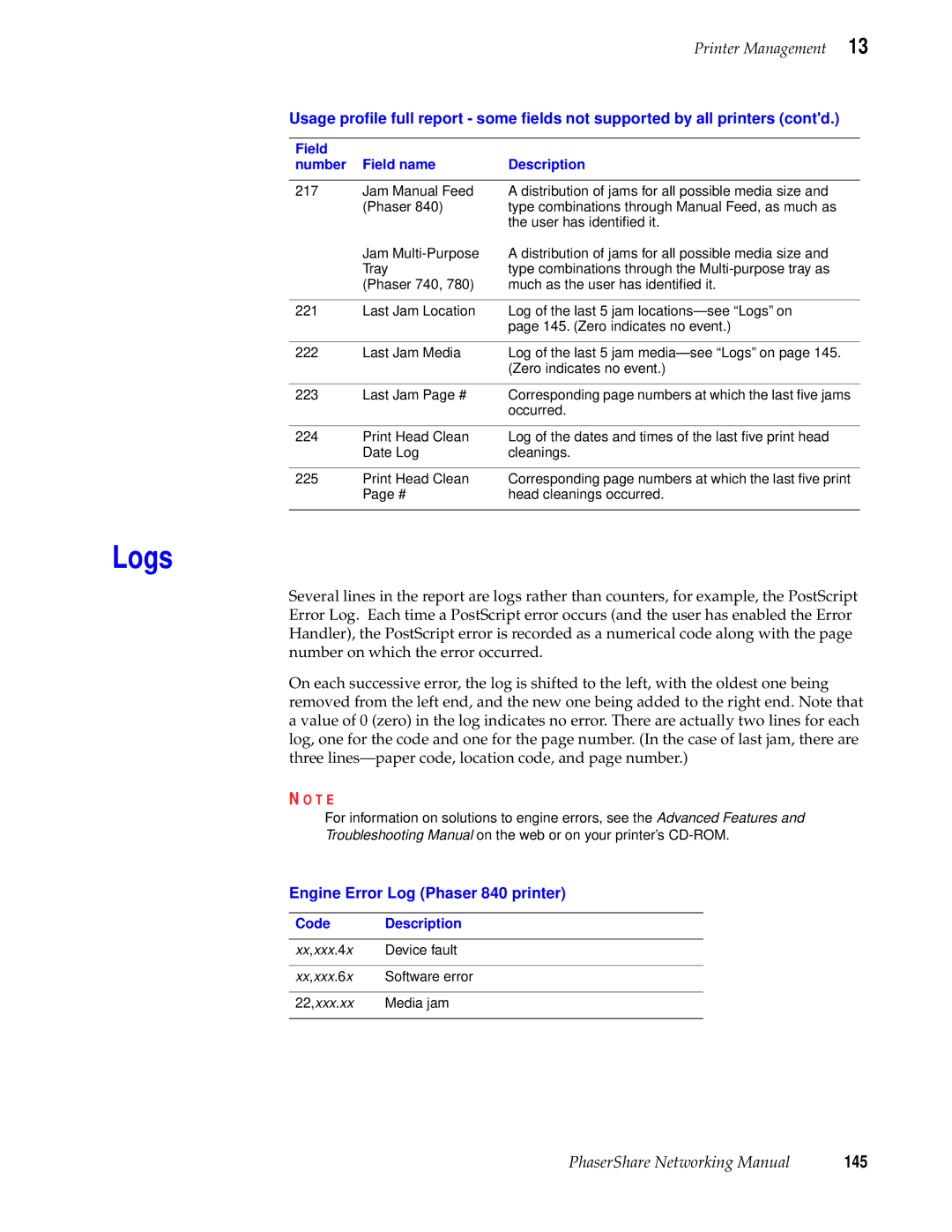 Tektronix Phasershare Printer manual Logs, 145, Engine Error Log Phaser 840 printer 