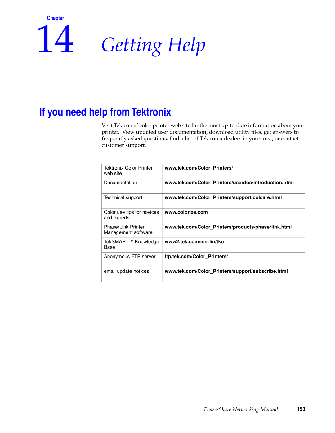 Tektronix Phasershare Printer manual Getting Help, If you need help from Tektronix, 153 