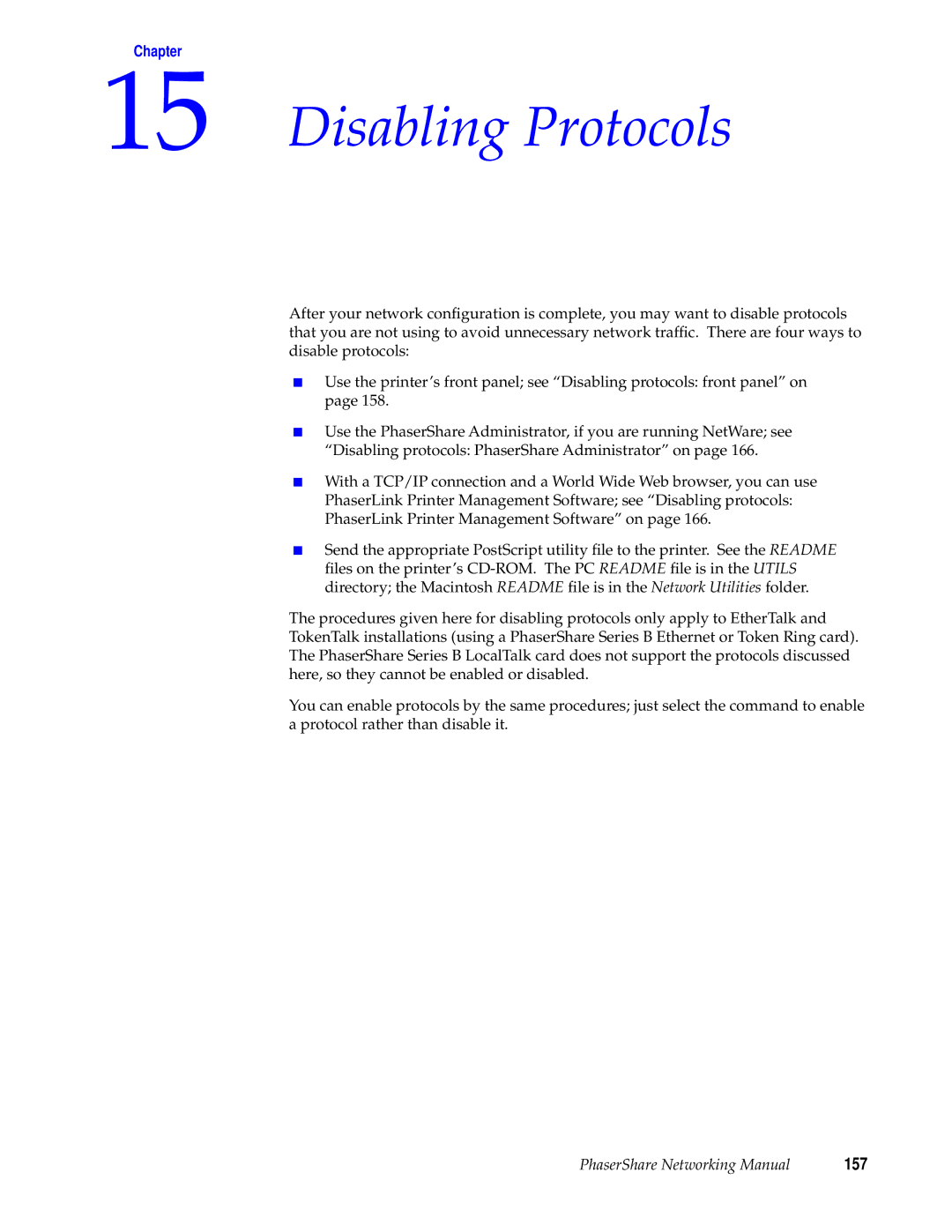 Tektronix Phasershare Printer manual Disabling Protocols, 157 