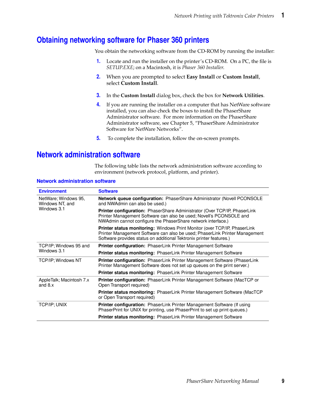 Tektronix Phasershare Printer manual Obtaining networking software for Phaser 360 printers, Network administration software 