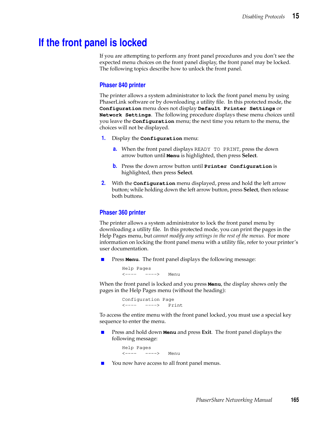 Tektronix Phasershare Printer manual If the front panel is locked, Phaser 360 printer, 165 